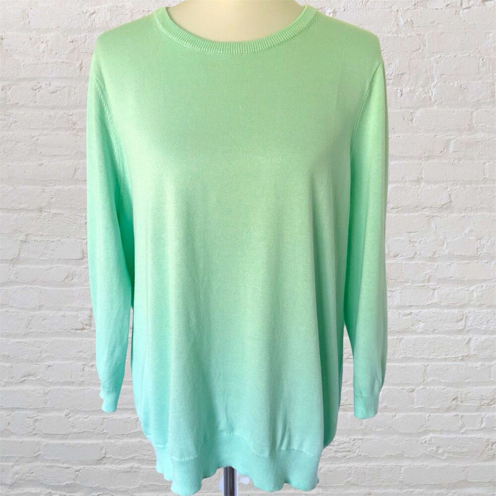 Lands End Mint Green Pastel Sweater 100% Supima Cotton Crewneck Knit 3/4 Sleeves